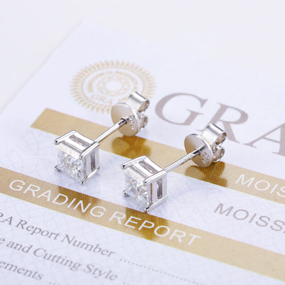 925 Silver Moissanite Princess Cut Solitaire Stud Earrings TQE0078