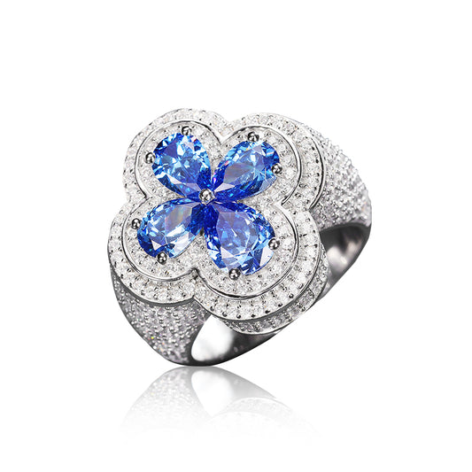 925 Silver Moissanite Blue Clover Statement Ring TQR0282