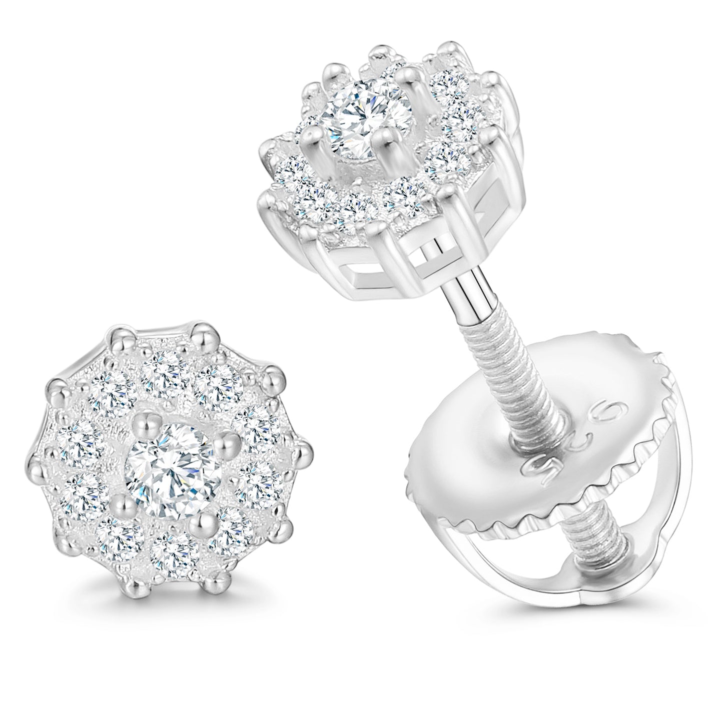 925 Silver Moissanite Round Halo Screw Back Stud Earrings TQE0150