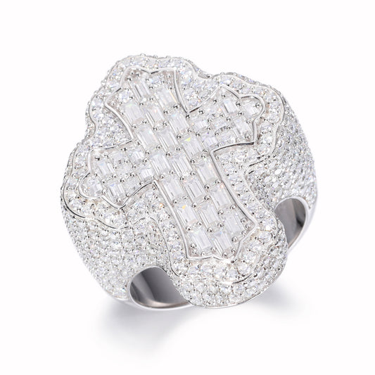 925 Silver Moissanite Baguette Cross Statement Ring for Men TQR0078