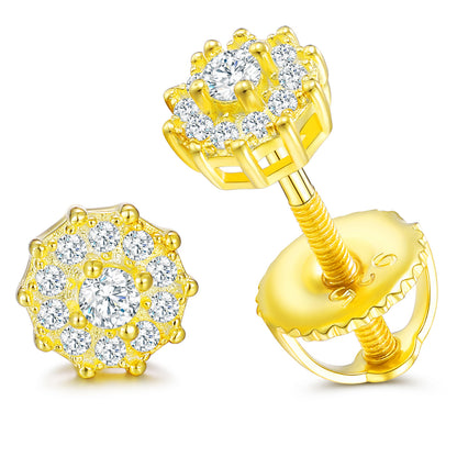 925 Silver Moissanite Round Halo Screw Back Stud Earrings TQE0150