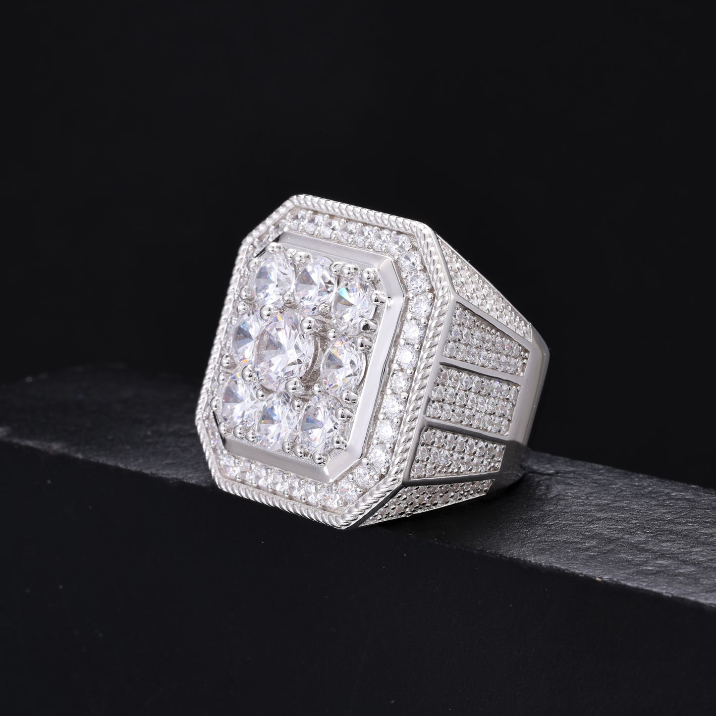925 Silver Moissanite Square Cluster Signet Ring for Men TQR0357