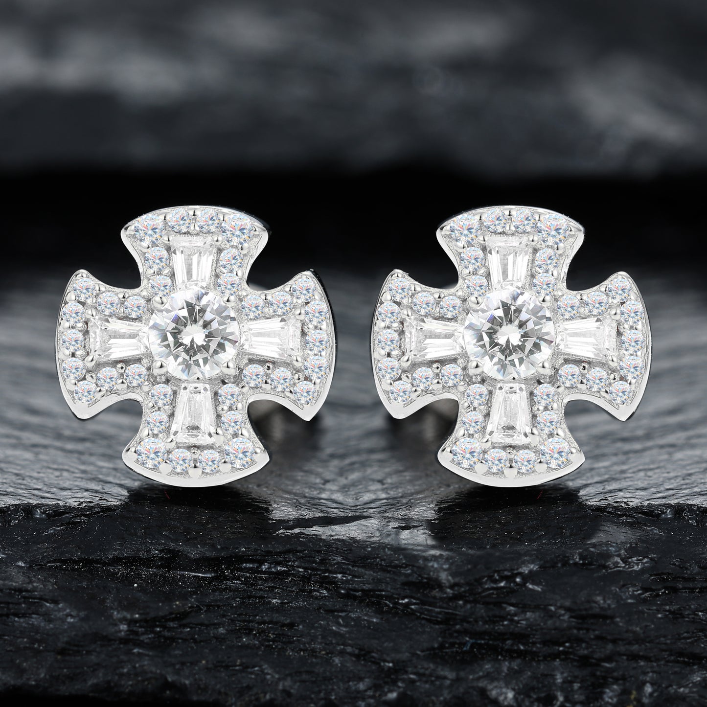 925 Silver Moissanite Maltese Cross Baguette Stud Earrings TQE0567