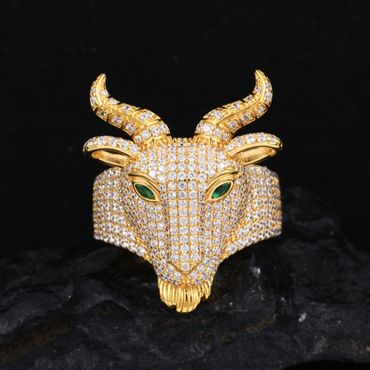 925 Silver Moissanite Horned Goat Head Ring for Men TQR0486