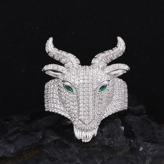 925 Silver Moissanite Horned Goat Head Ring for Men TQR0486