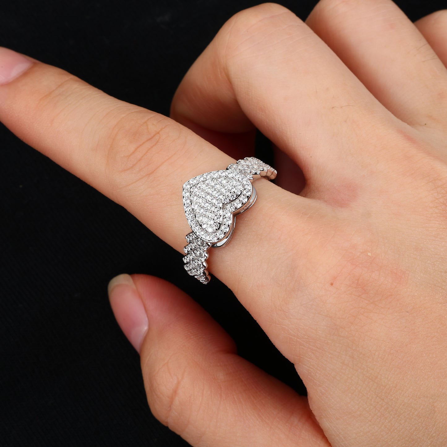 925 Silver Moissanite Gold Pave Heart Ring for Women TQR0444
