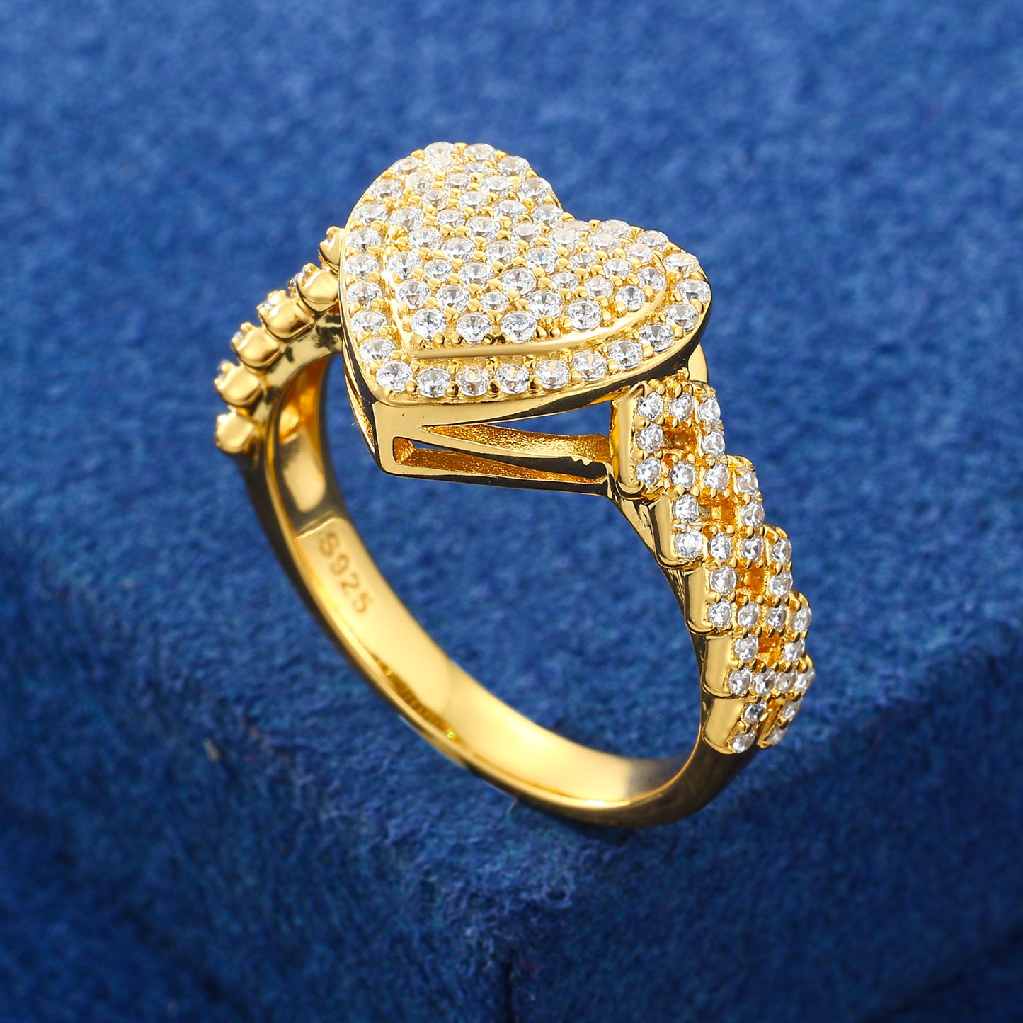 925 Silver Moissanite Gold Pave Heart Ring for Women TQR0444