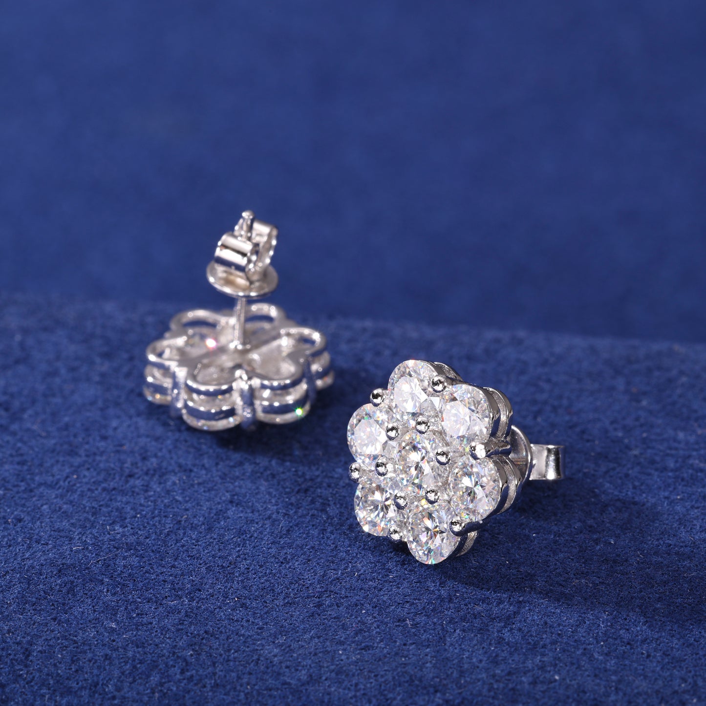 925 Silver Moissanite Seven Stone Floral Cluster Stud Earrings TQE0266