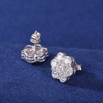 925 Silver Moissanite Seven Stone Floral Cluster Stud Earrings TQE0266