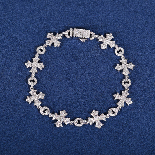 925 Silver Moissanite Cross Charm Link Bracelet for Men TQB0187