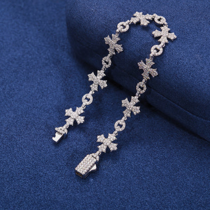925 Silver Moissanite Cross Charm Link Bracelet for Men TQB0187