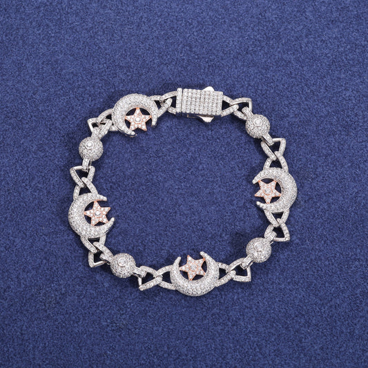 925 Silver Moissanite Crescent Moon Star Link Bracelet TQB0241