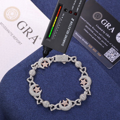 925 Silver Moissanite Crescent Moon Star Link Bracelet TQB0241