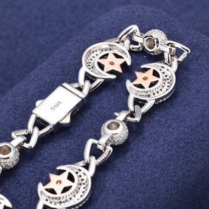 925 Silver Moissanite Crescent Moon Star Link Bracelet TQB0241