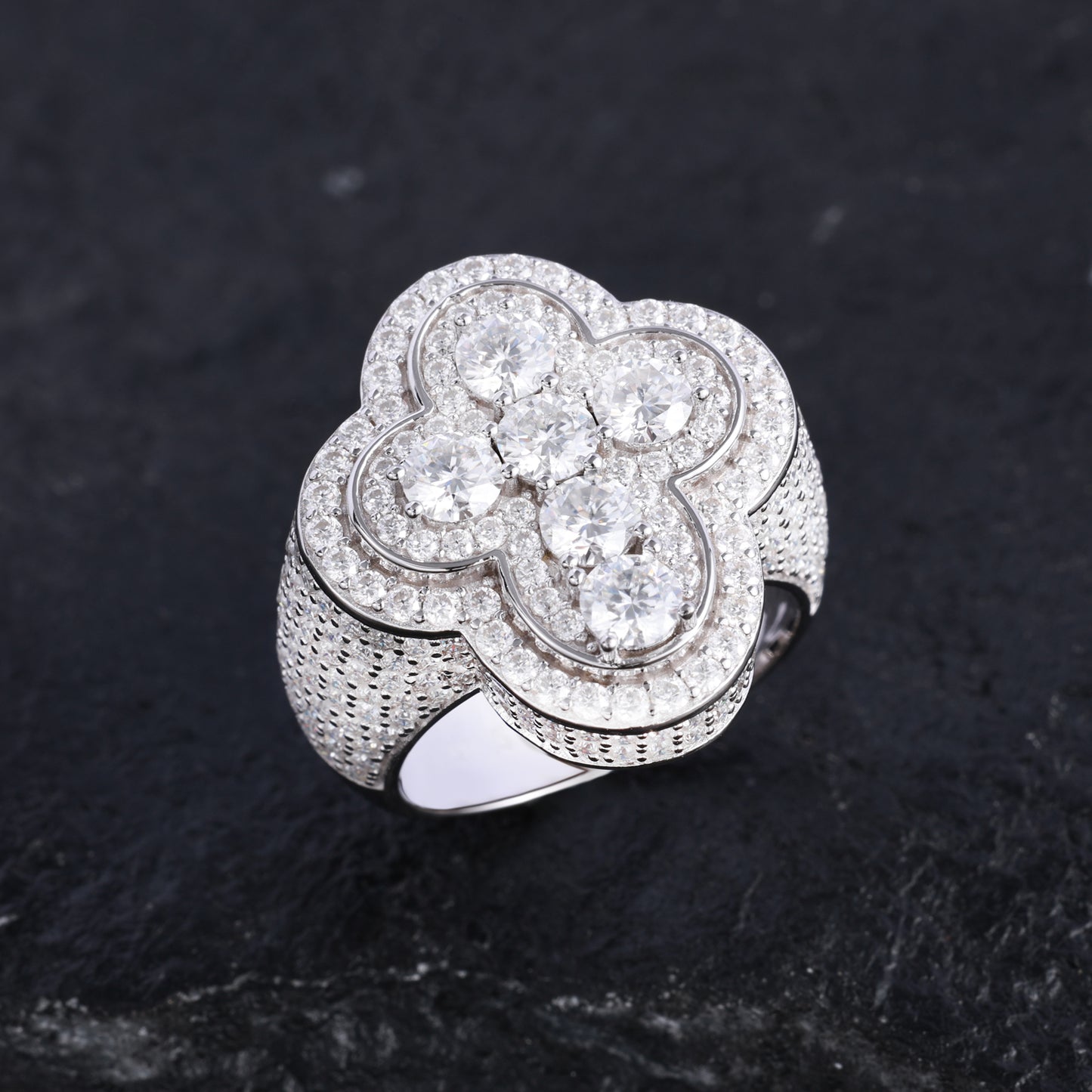 925 Silver Moissanite White Clover Halo Ring TQR0308