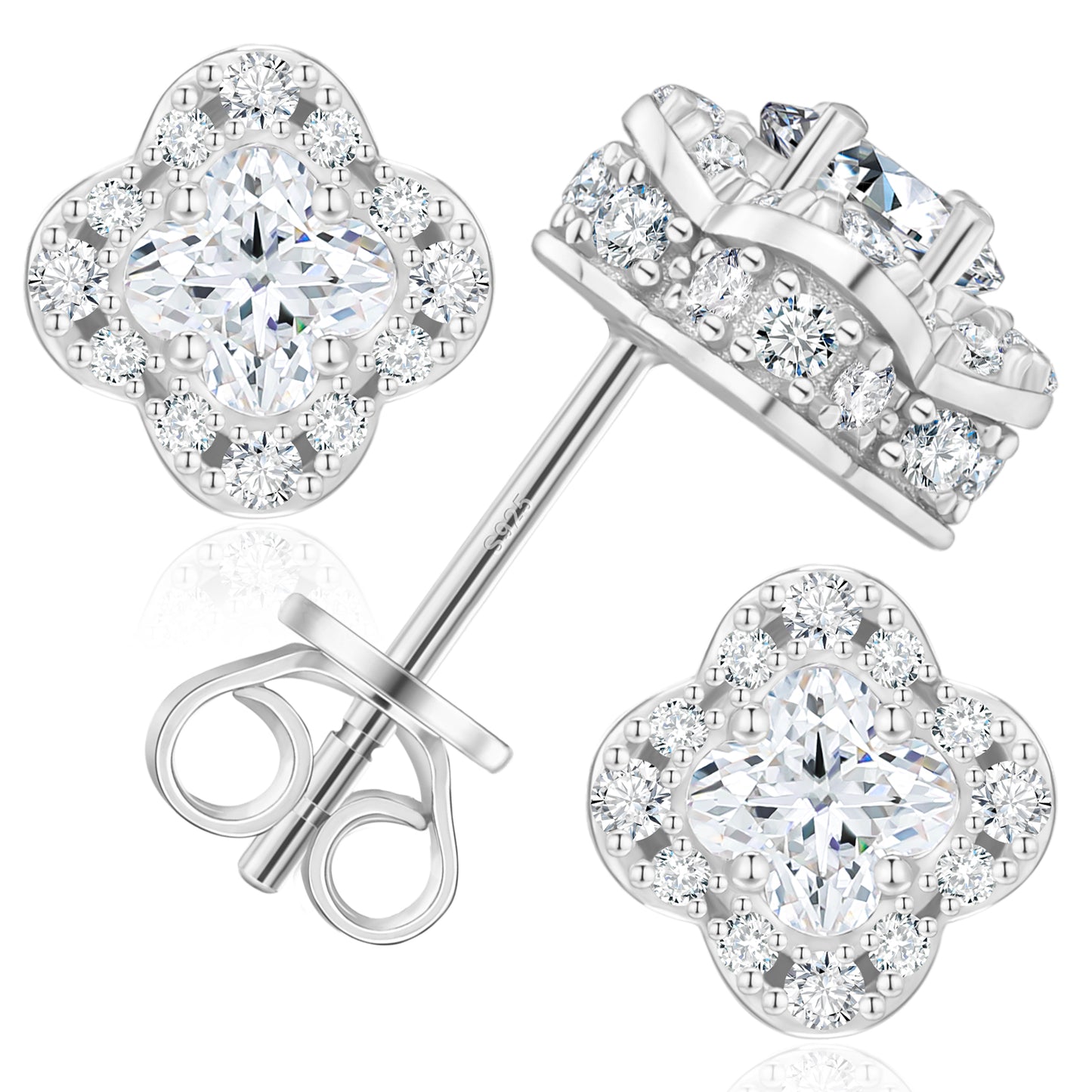 925 Silver Moissanite Four Leaf Clover Halo Stud Earrings TQE0612