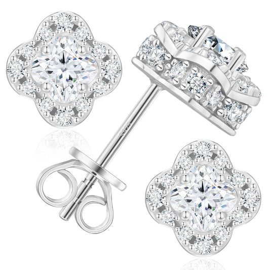 925 Silver Moissanite Four Leaf Clover Halo Stud Earrings TQE0612