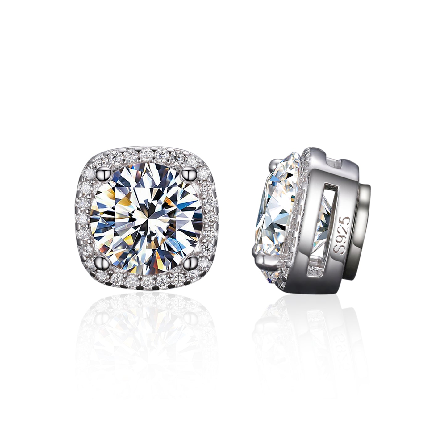 925 Silver Moissanite Square Cushion Halo Stud Earrings TQE0207