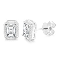 925 Silver Moissanite Emerald Cut Halo Stud Earrings TQE0185