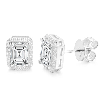 925 Silver Moissanite Emerald Cut Halo Stud Earrings TQE0185