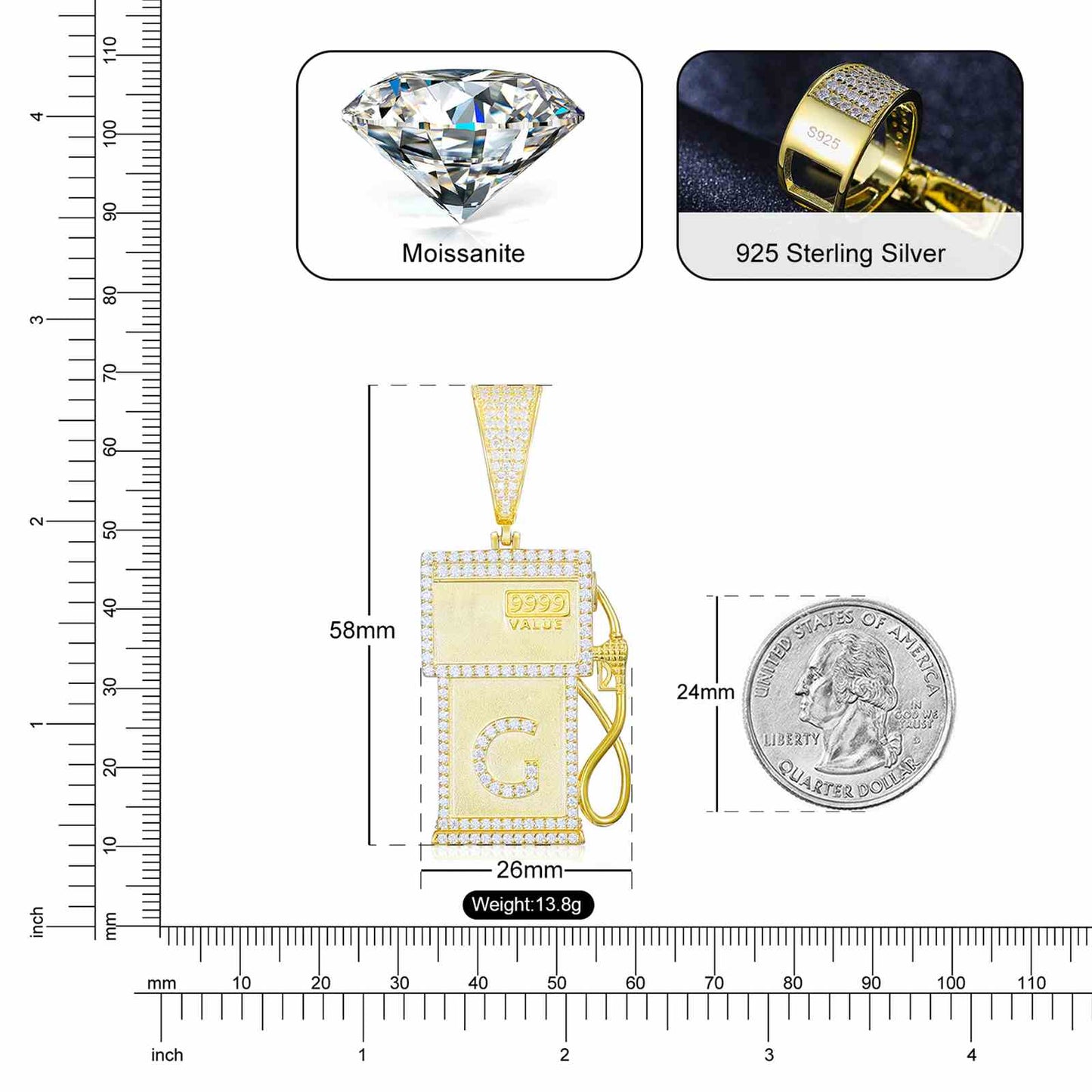（In stock）Mens 925 Silver Moissanite G Letter Pendant TQP0001